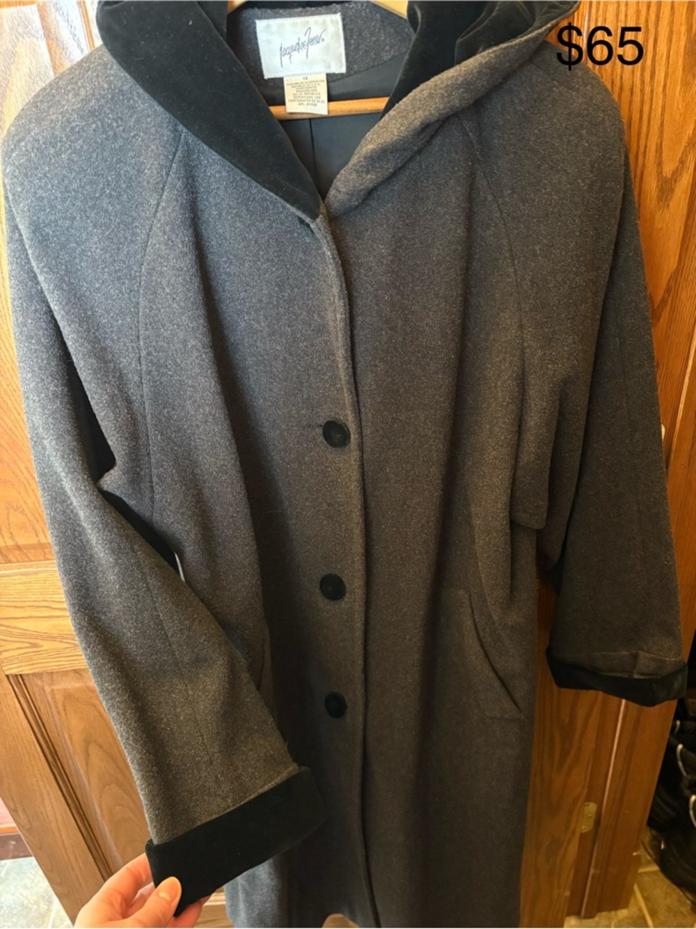 Vintage Jacqueline Ferrar Black and Gray Hooded Wool Coat with Velvet Trim